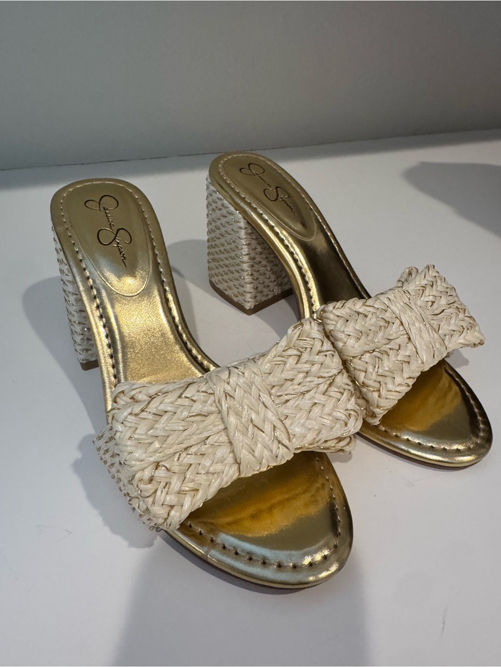Jessica Simpson Cream Braided Slide Sandals with Gold Footbed